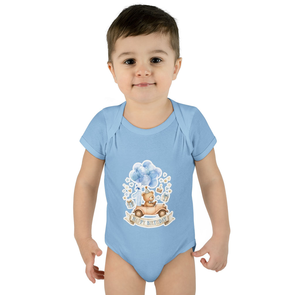 Baby Bodysuit - Blue Teddy Bear with Balloons "Happy Birthday" Infant Onesie