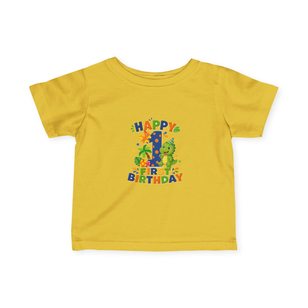 Happy 1st Birthday Infant Tee — Colorful Dino First Birthday Shirt