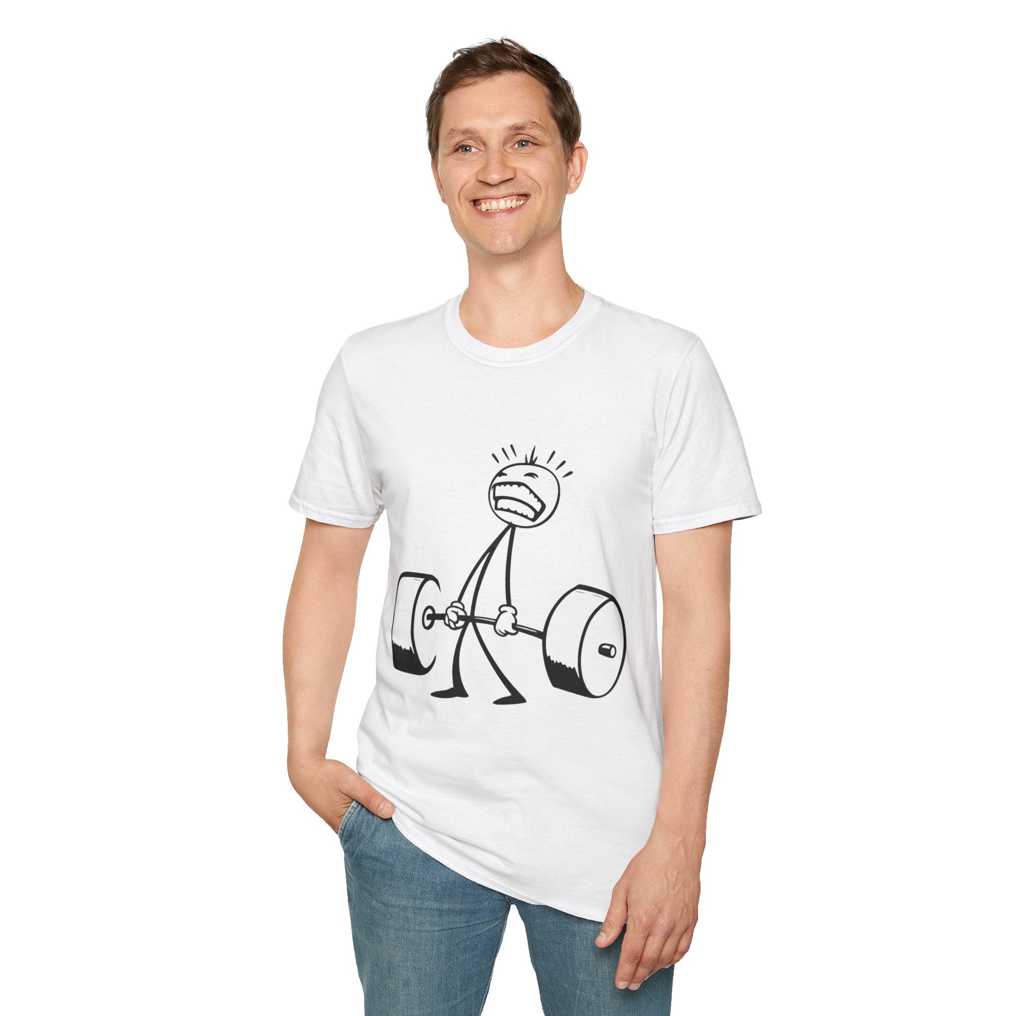 Funny Stick Figure Weightlifting T‑Shirt — Gym Humor Tee