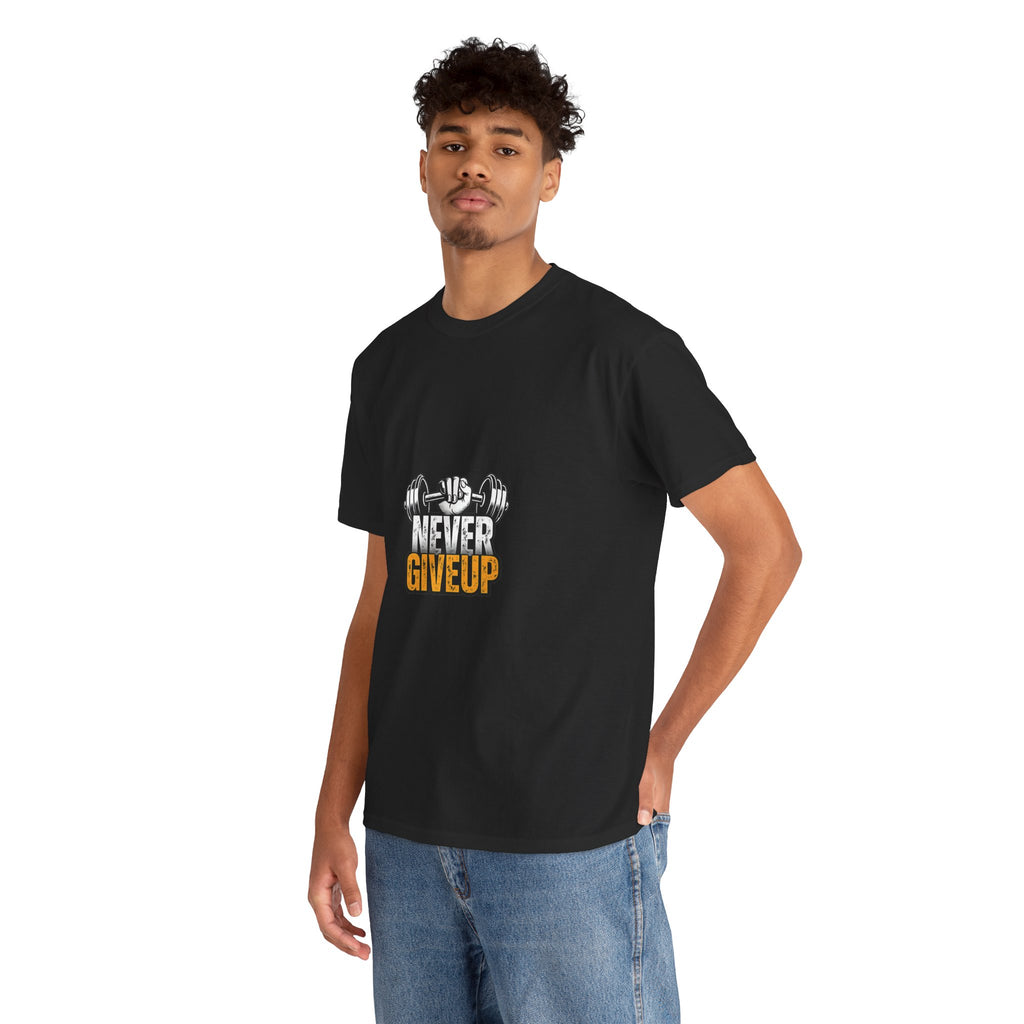 Never Give Up Fitness T-Shirt — Motivational Gym Tee with Dumbbell Graphic