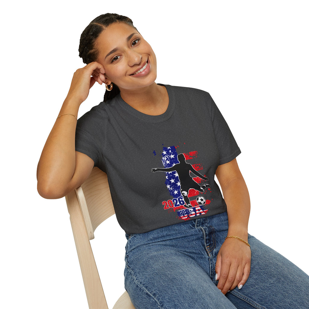 USA Soccer Player Silhouette T-Shirt — American Flag Soccer 2026 Fan Tee