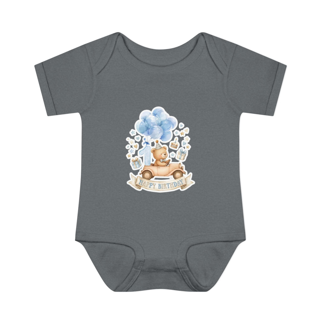 Baby Bodysuit - Blue Teddy Bear with Balloons "Happy Birthday" Infant Onesie