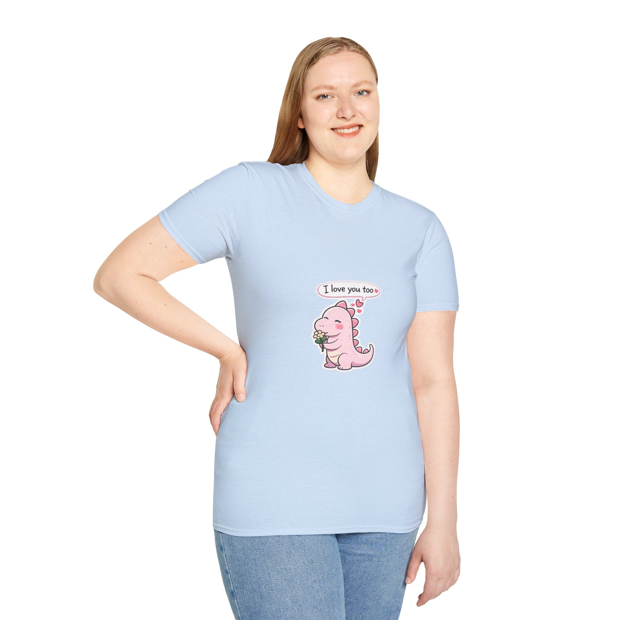 Cute Pink Dino T‑Shirt — "I love you too" Valentine Tee