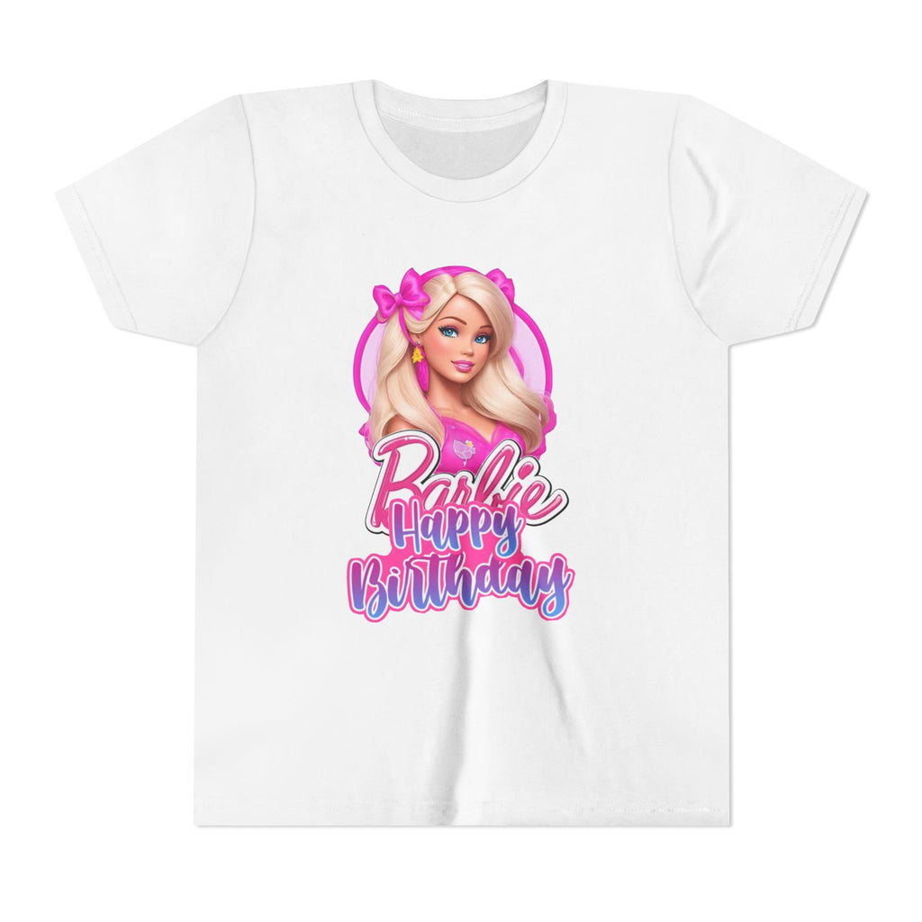 Youth Tee — "Barbie Happy Birthday" Pink Birthday Graphic Shirt