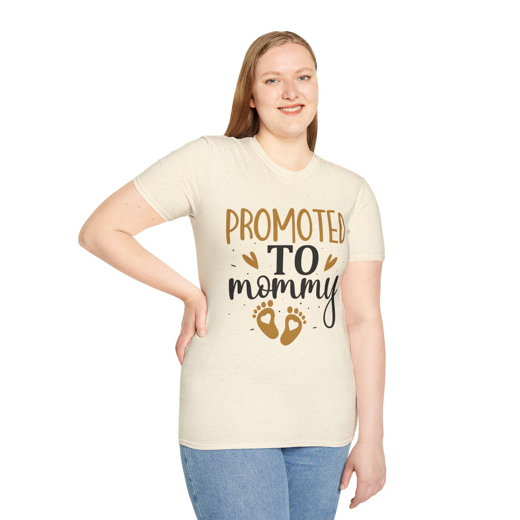Promoted to Mommy T-Shirt — Pregnancy Announcement Tee with Gold Hearts & Baby Footprints