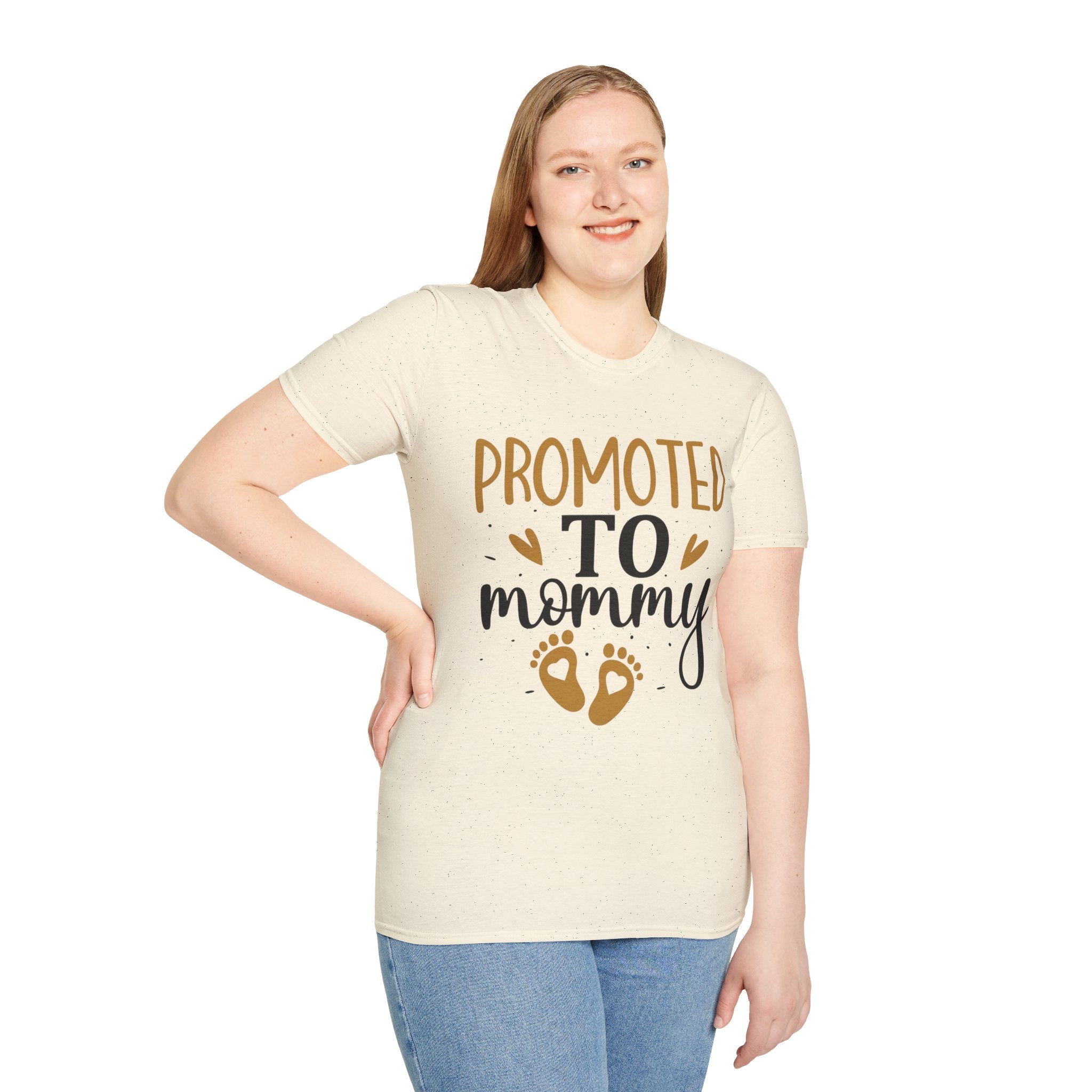 Promoted to Mommy T-Shirt — Pregnancy Announcement Tee with Gold Hearts & Baby Footprints