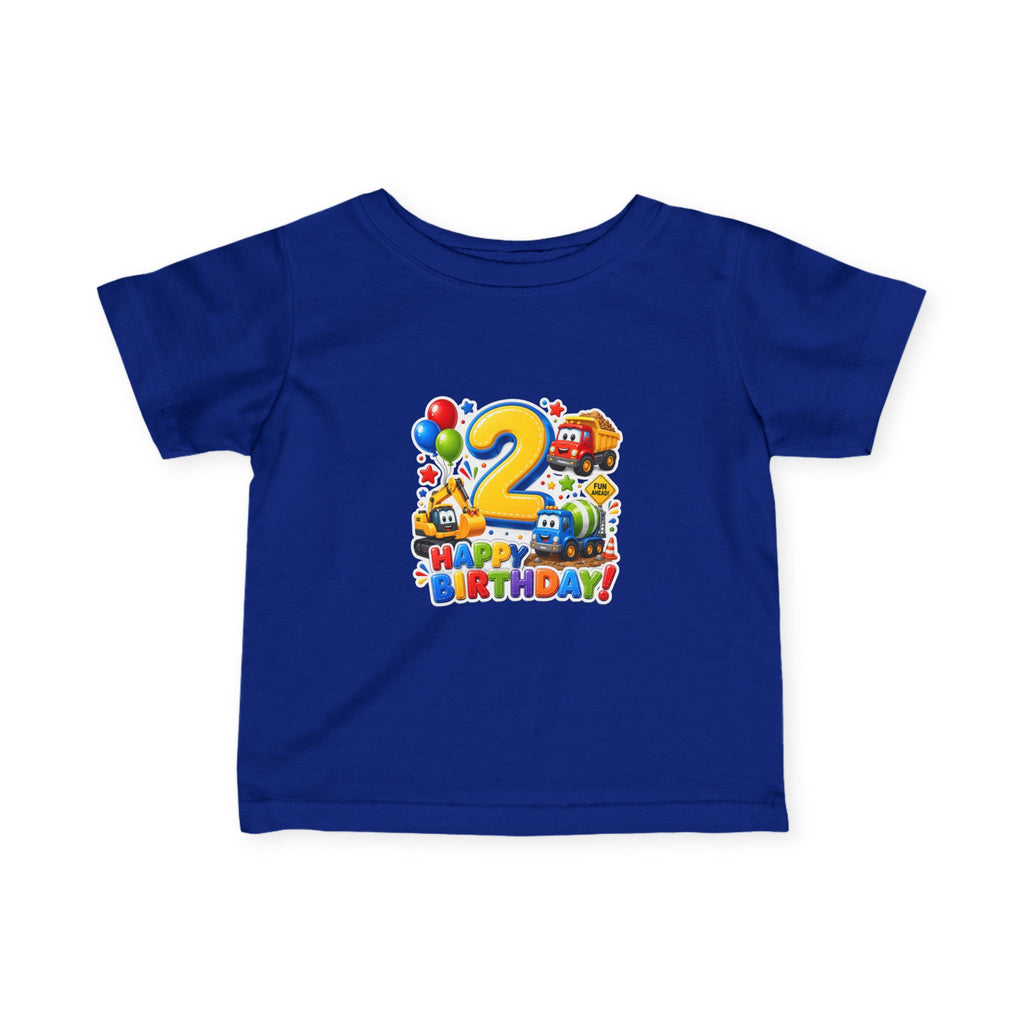 2nd Birthday Infant Tee — Colorful Trucks, Balloons & 'Happy Birthday' Design