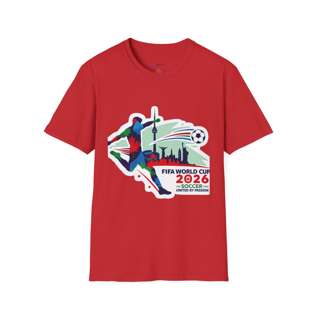 Soccer Cup 2026 T-Shirt — Colorful Player Silhouette with Stadium Skyline