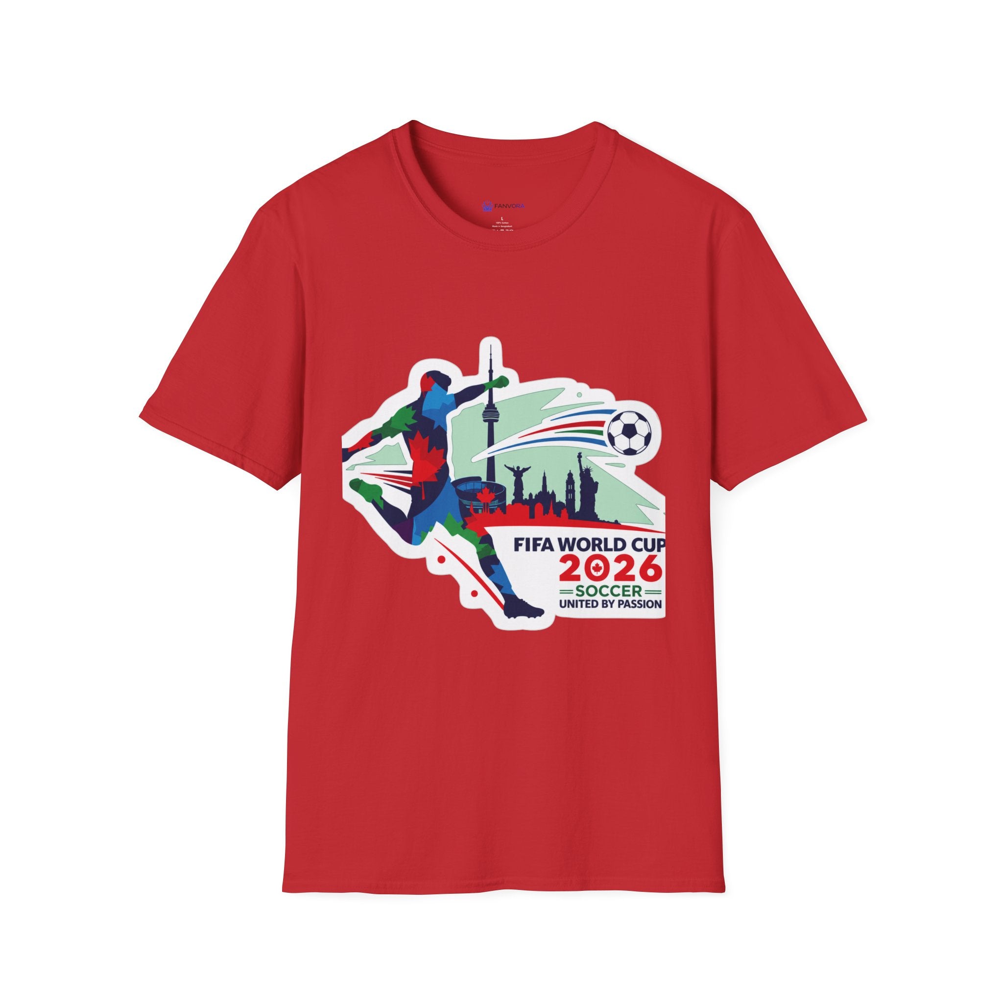 Soccer Cup 2026 T-Shirt — Colorful Player Silhouette with Stadium Skyline