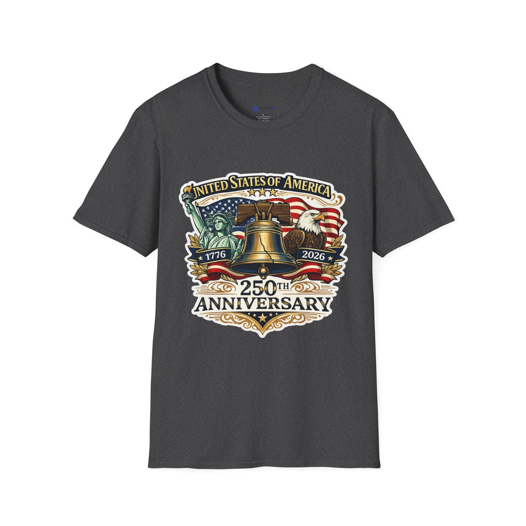 Patriotic USA 250th Anniversary T-Shirt — Liberty Bell, Eagle & Flag Design (1776–2026).