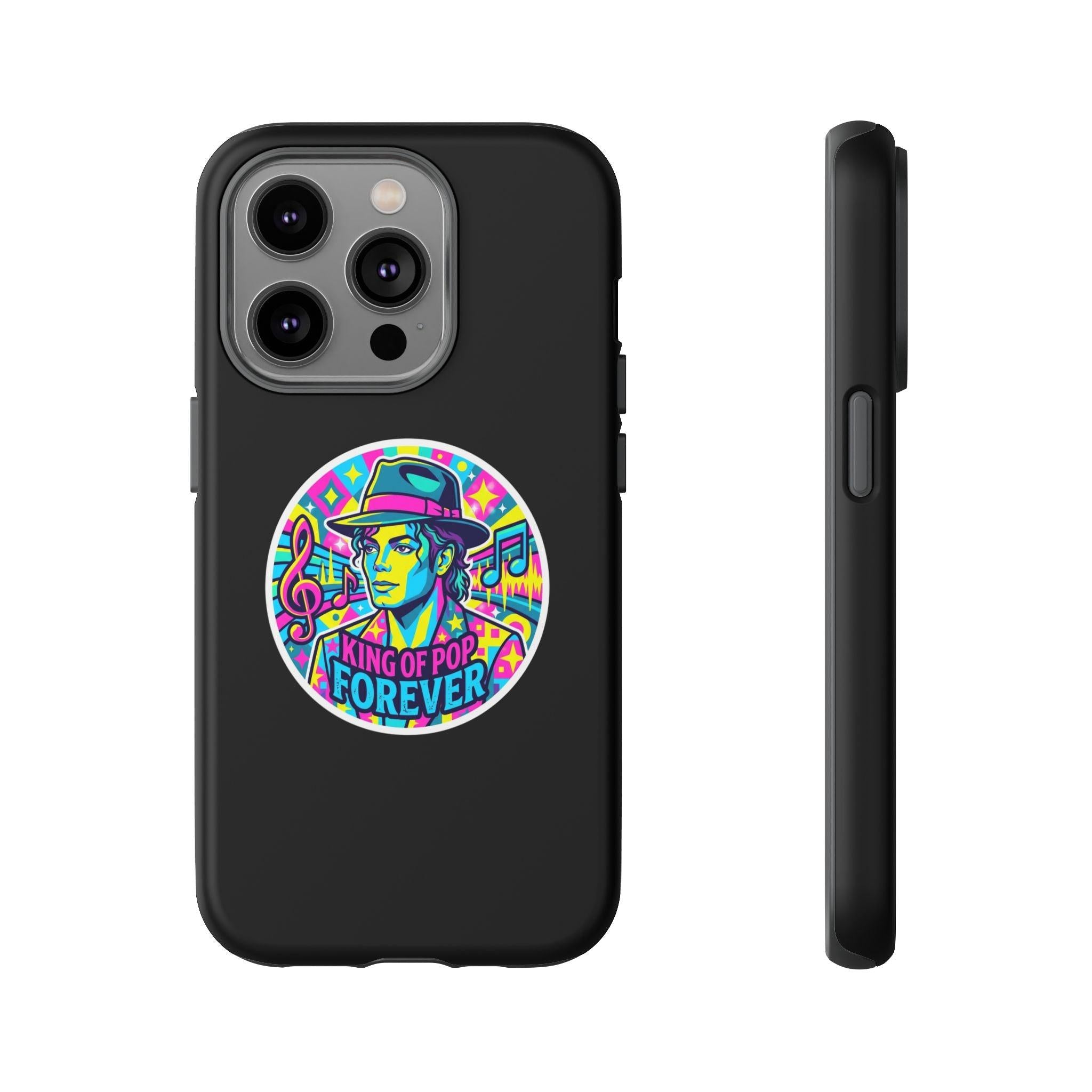 Matte Black iPhone Tough Cases 12 to 17 Pro Max  — "King of Pop Forever" Retro Pop Art Phone Case.