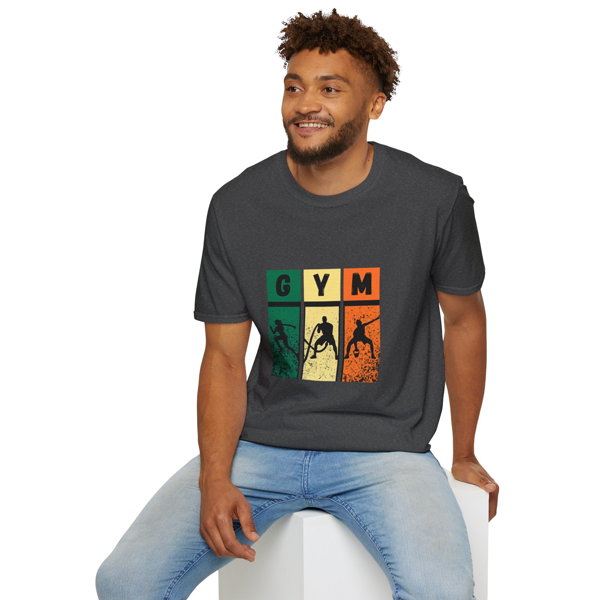 Gym Retro Blocks T‑Shirt — Vintage Fitness Silhouette Tee