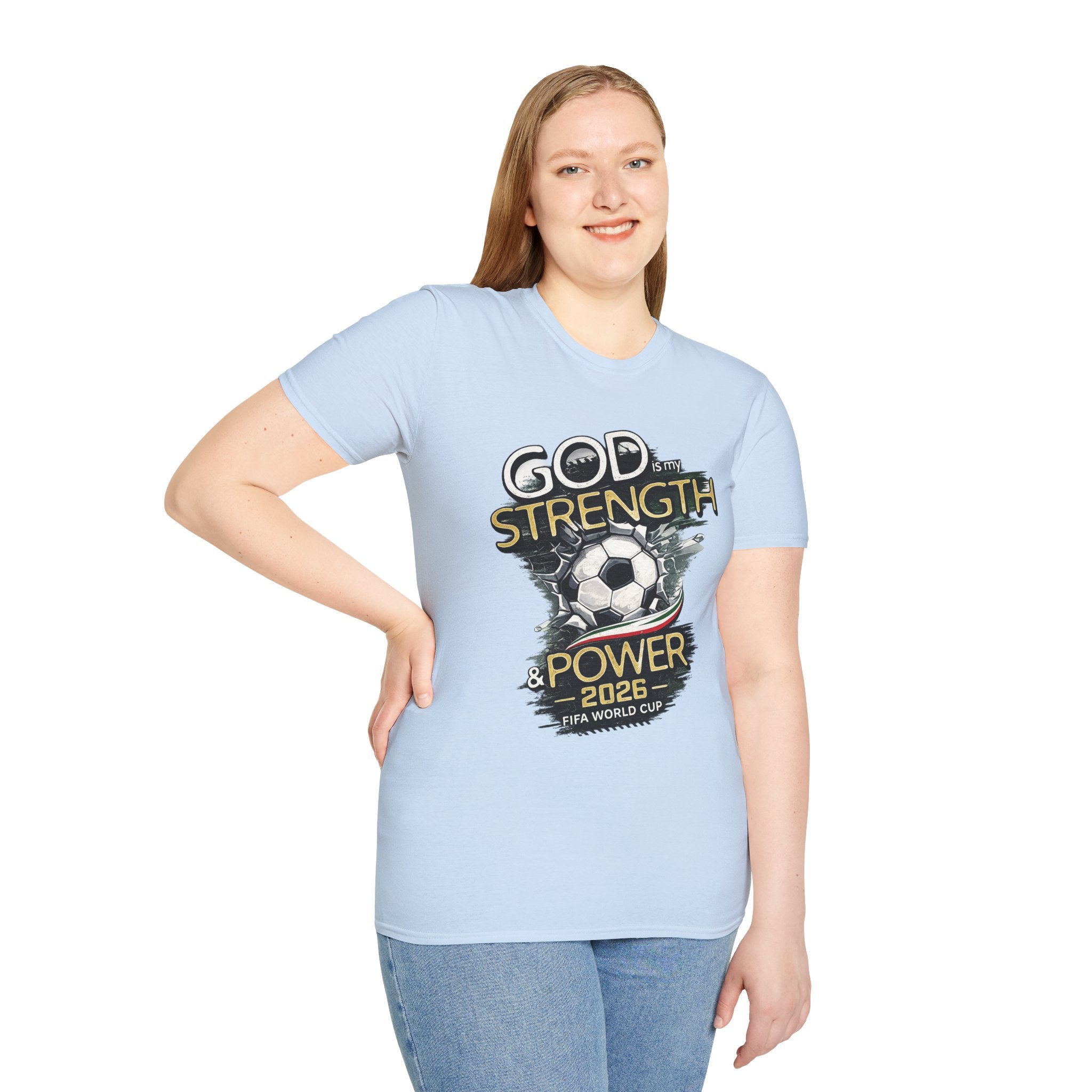 God Is My Strength Soccer T-Shirt — Christian Faith & Football Power 2026