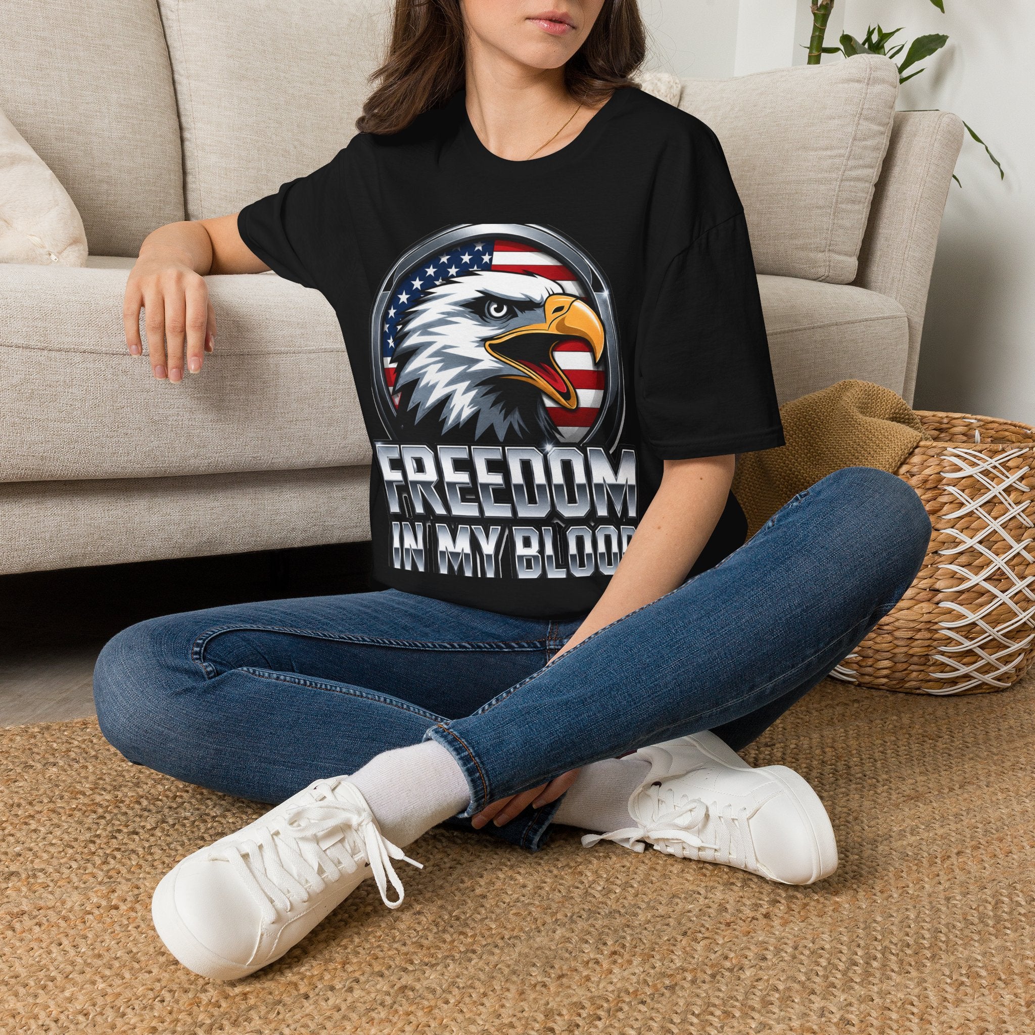 Patriotic Eagle T-Shirt — 'Freedom in My Blood' American Flag Tee design.
