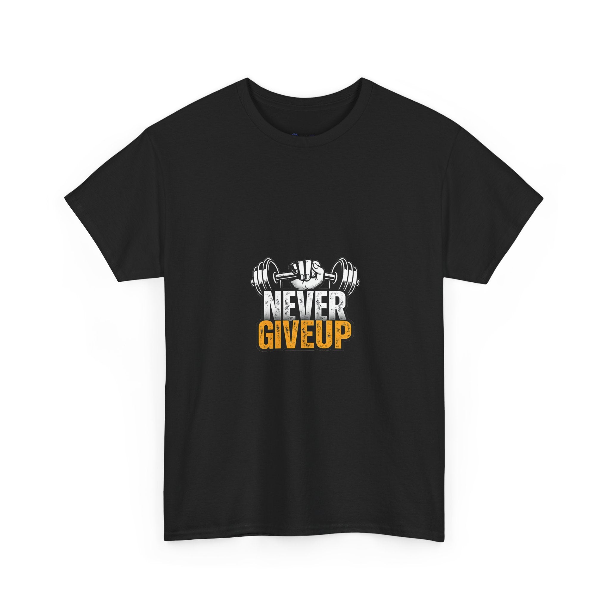Never Give Up Fitness T-Shirt — Motivational Gym Tee with Dumbbell Graphic