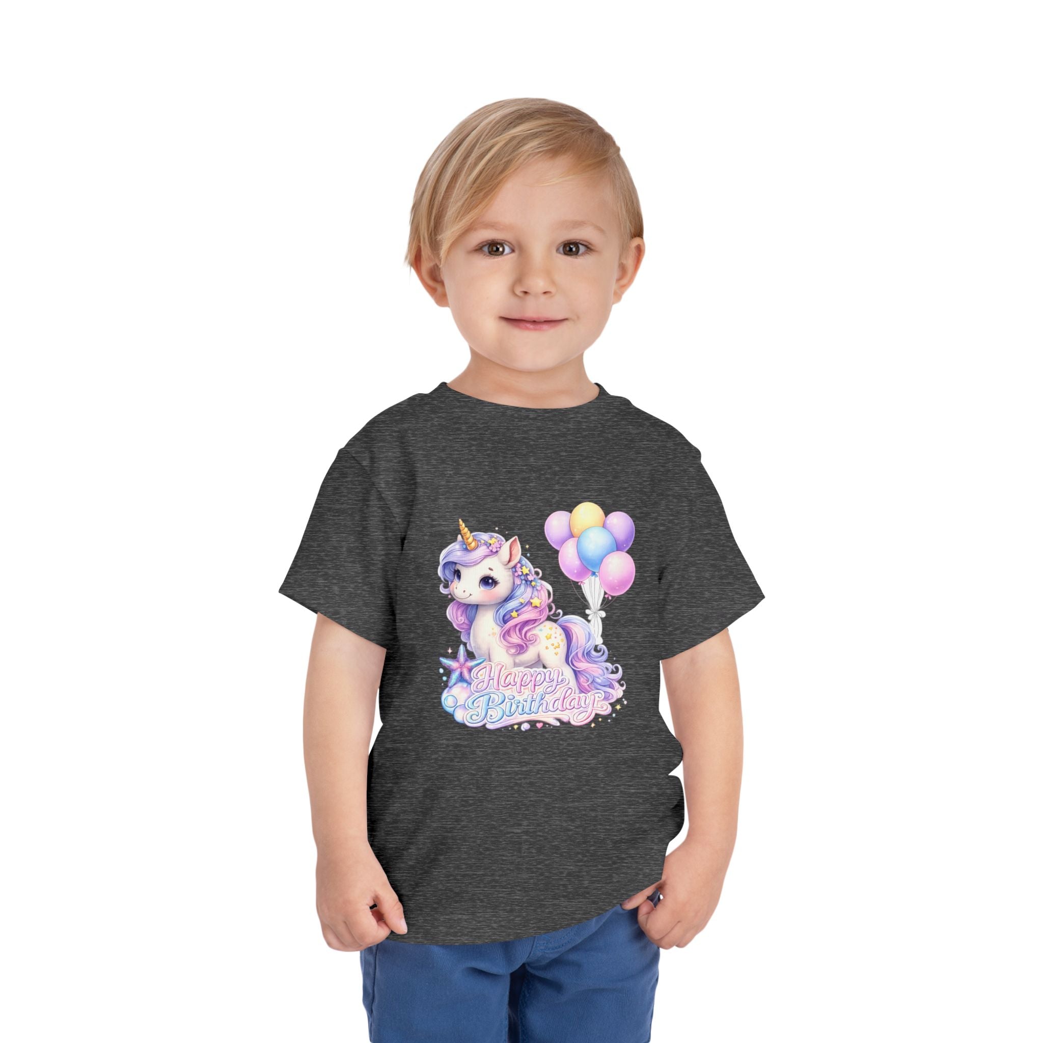 Toddler Tee — Pastel Unicorn "Happy Birthday" Shirt with Balloons