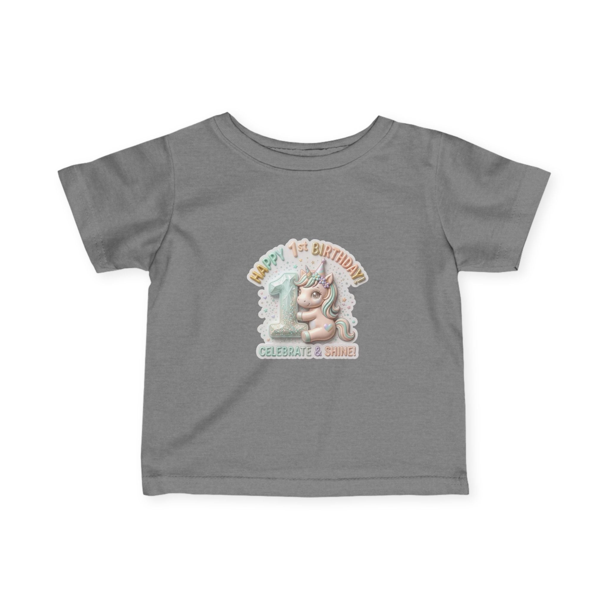 Infant Tee — 'Happy 1st Birthday' Pastel Unicorn Celebrate & Share