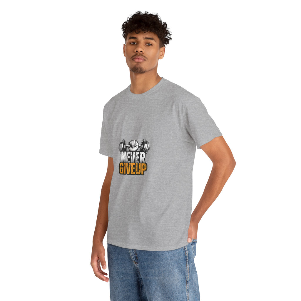 Never Give Up Fitness T-Shirt — Motivational Gym Tee with Dumbbell Graphic