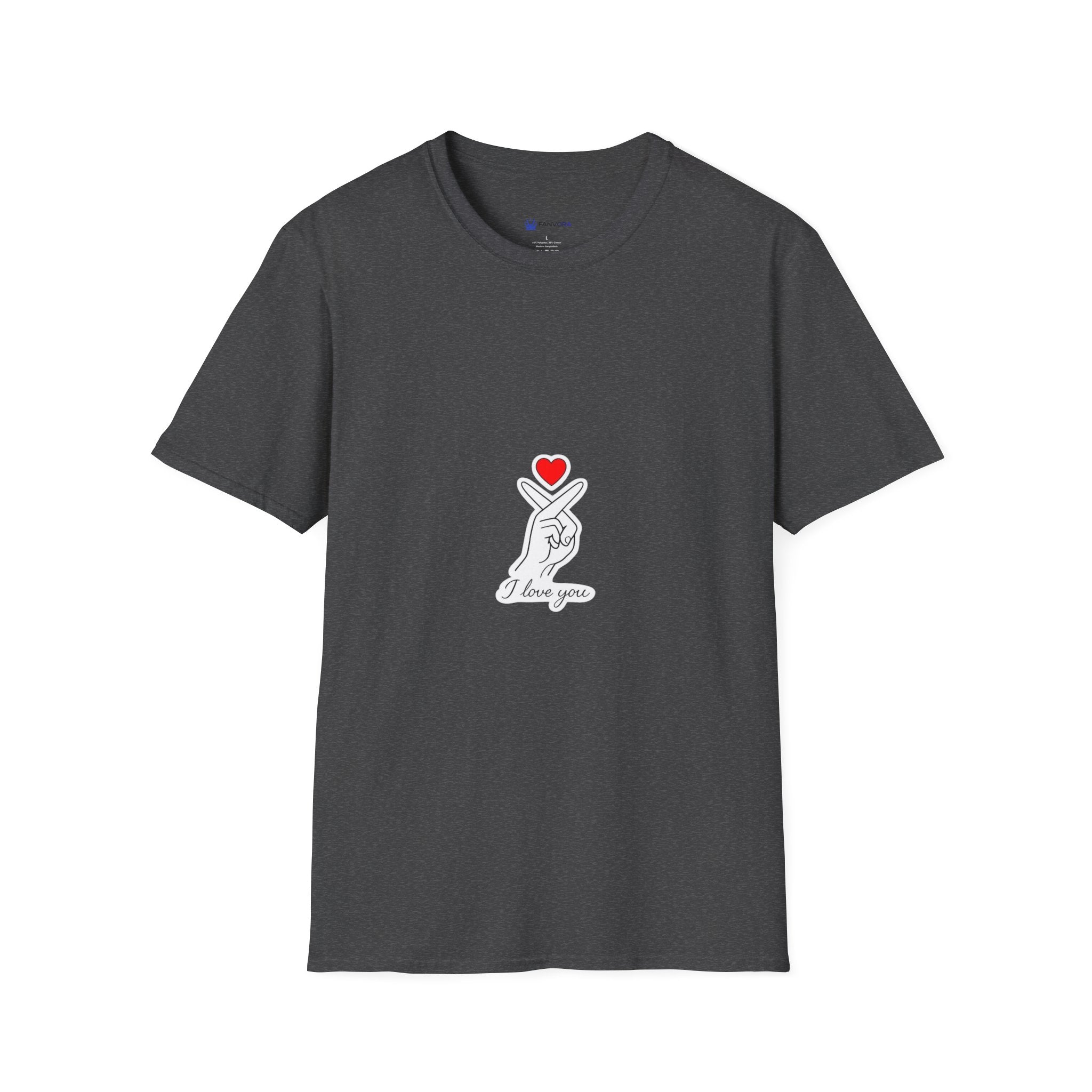 T-Shirt — Minimal Korean Finger Heart Design with 'I Love You' Pocket Graphic