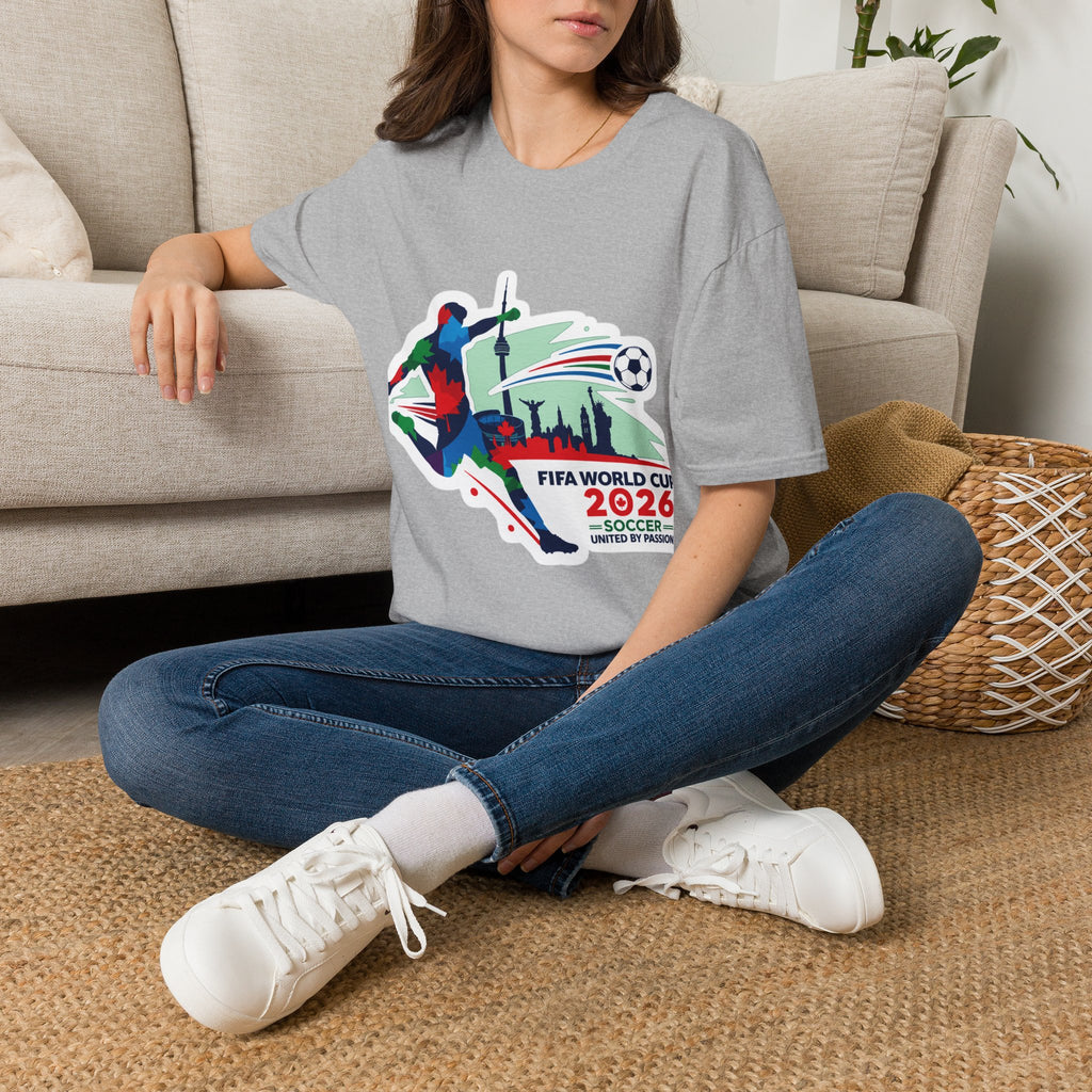 Soccer Cup 2026 T-Shirt — Colorful Player Silhouette with Stadium Skyline