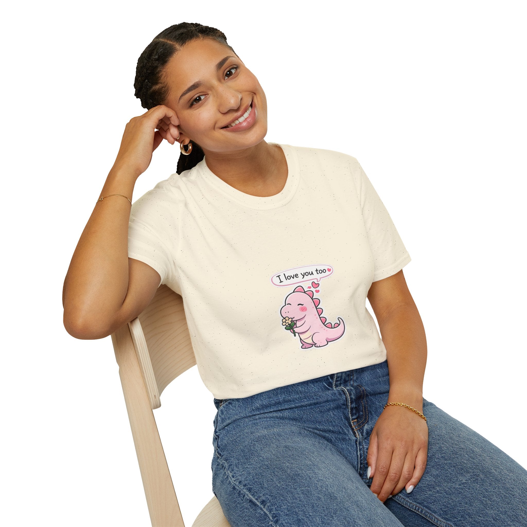 Cute Pink Dino T‑Shirt — "I love you too" Valentine Tee