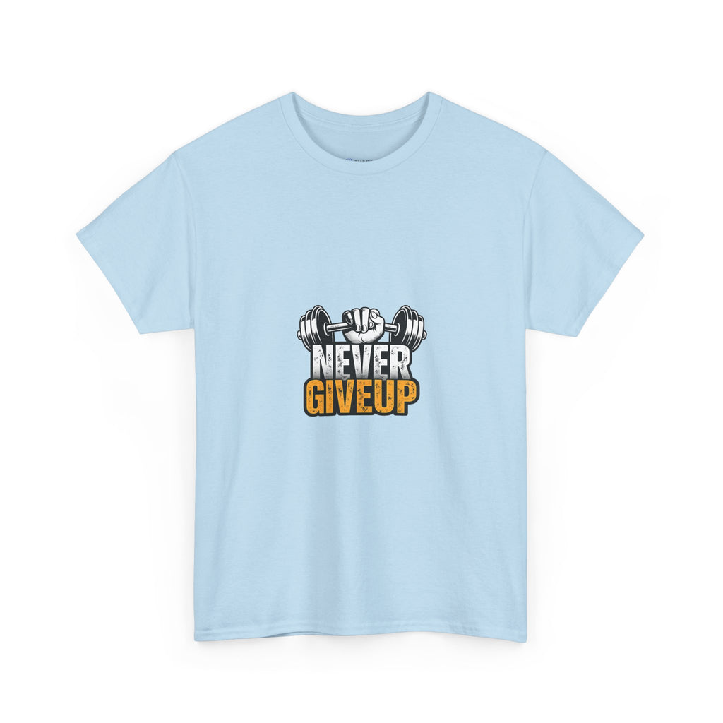 Never Give Up Fitness T-Shirt — Motivational Gym Tee with Dumbbell Graphic