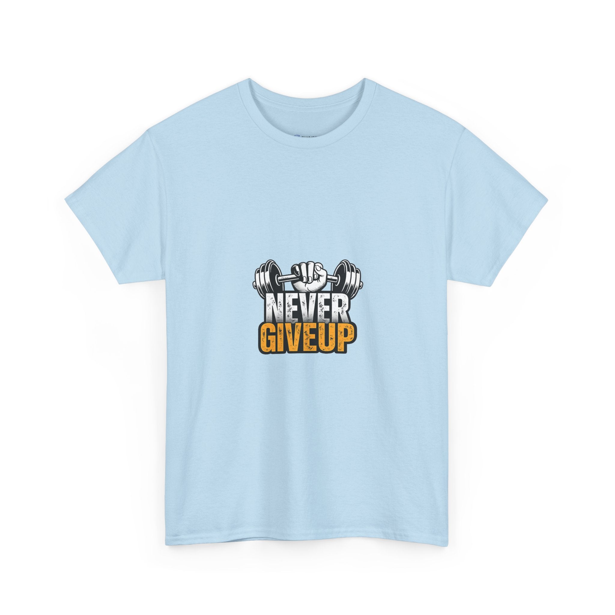 Never Give Up Fitness T-Shirt — Motivational Gym Tee with Dumbbell Graphic