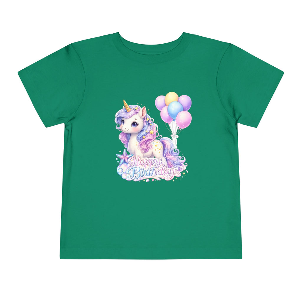 Toddler Tee — Pastel Unicorn "Happy Birthday" Shirt with Balloons