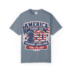 America Turns 250 T-Shirt – "Freedom Looks Good For Its Age" Patriotic 4th of July Tee