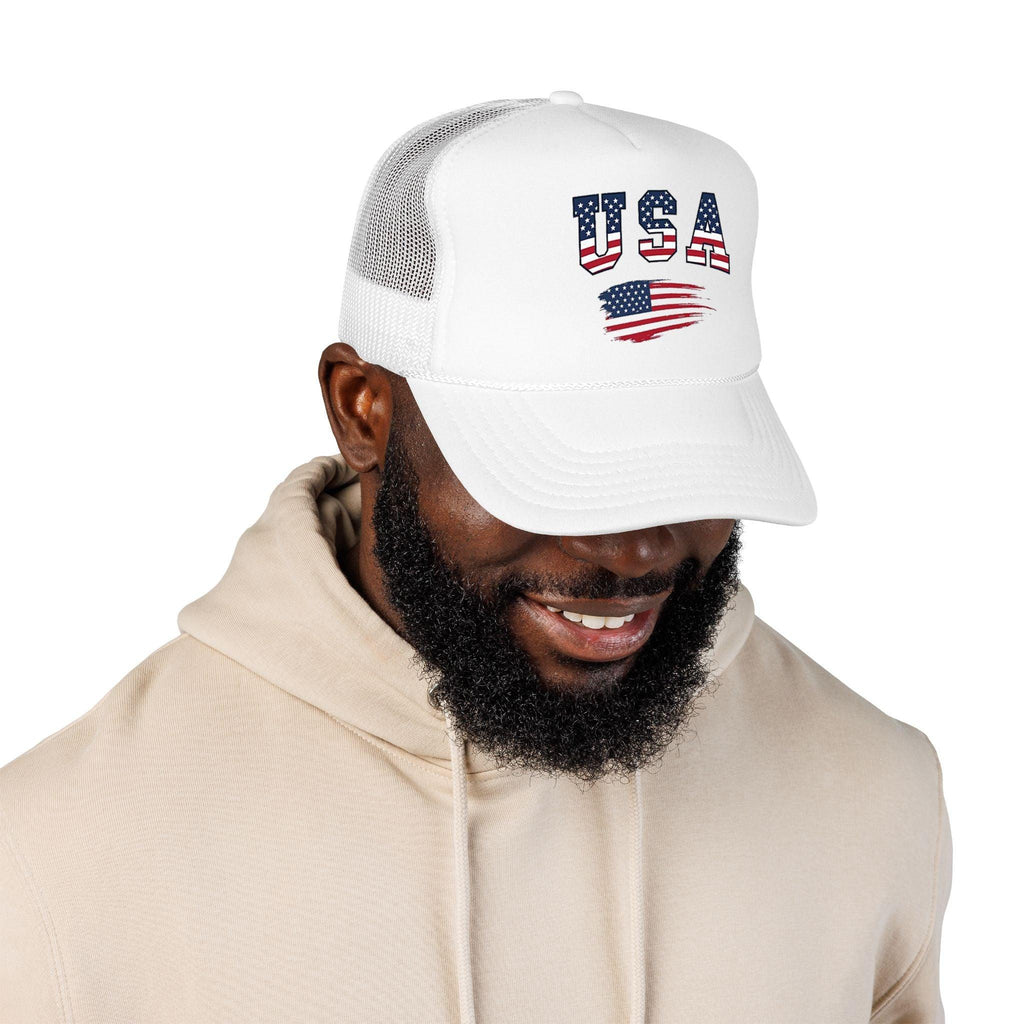 USA Flag Trucker Hat — Patriotic Foam Mesh Cap for 4th of July & Everyday Wear.