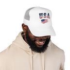 USA Flag Trucker Hat — Patriotic Foam Mesh Cap for 4th of July & Everyday Wear.
