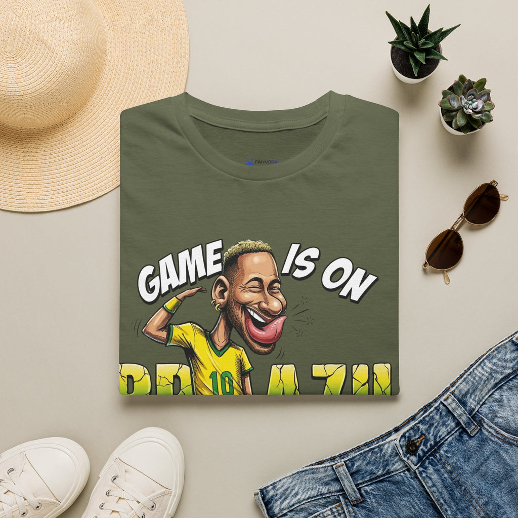 Brazilian Soccer comic style  figure T-Shirt — "Game Is On" Caricature Neymar Fan Tee