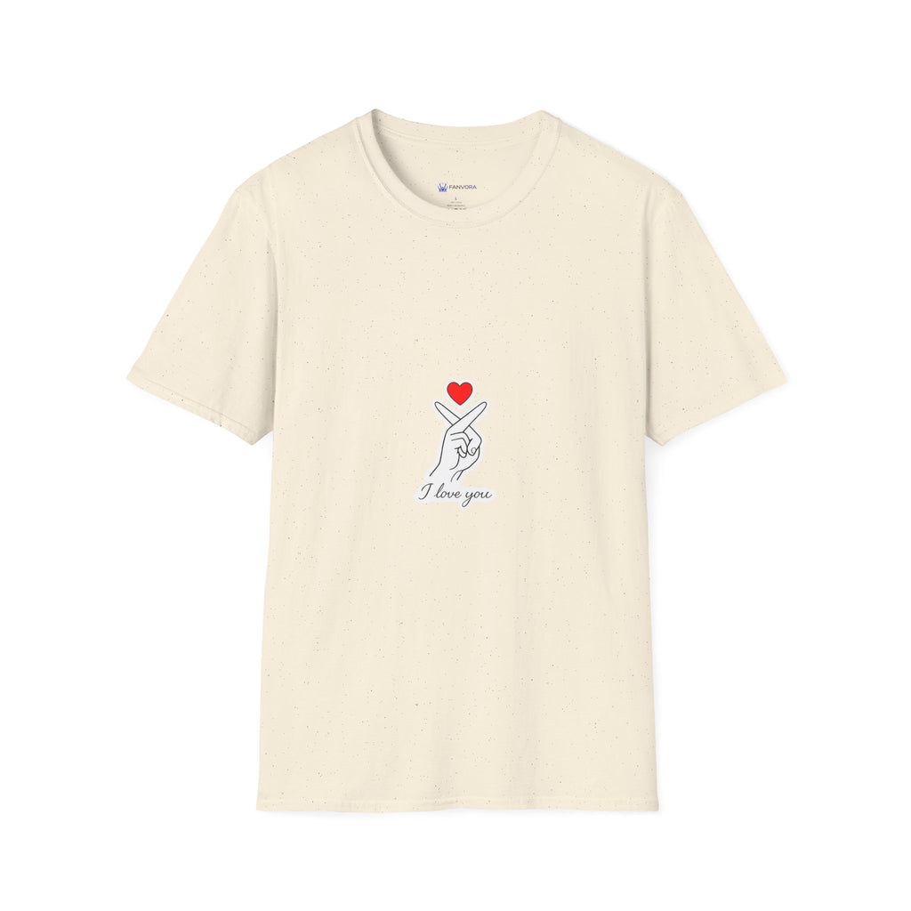T-Shirt — Minimal Korean Finger Heart Design with 'I Love You' Pocket Graphic