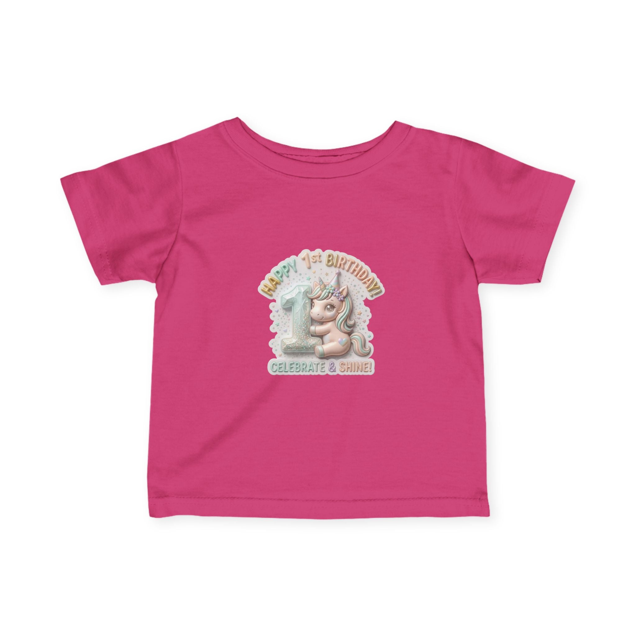 Infant Tee — 'Happy 1st Birthday' Pastel Unicorn Celebrate & Share