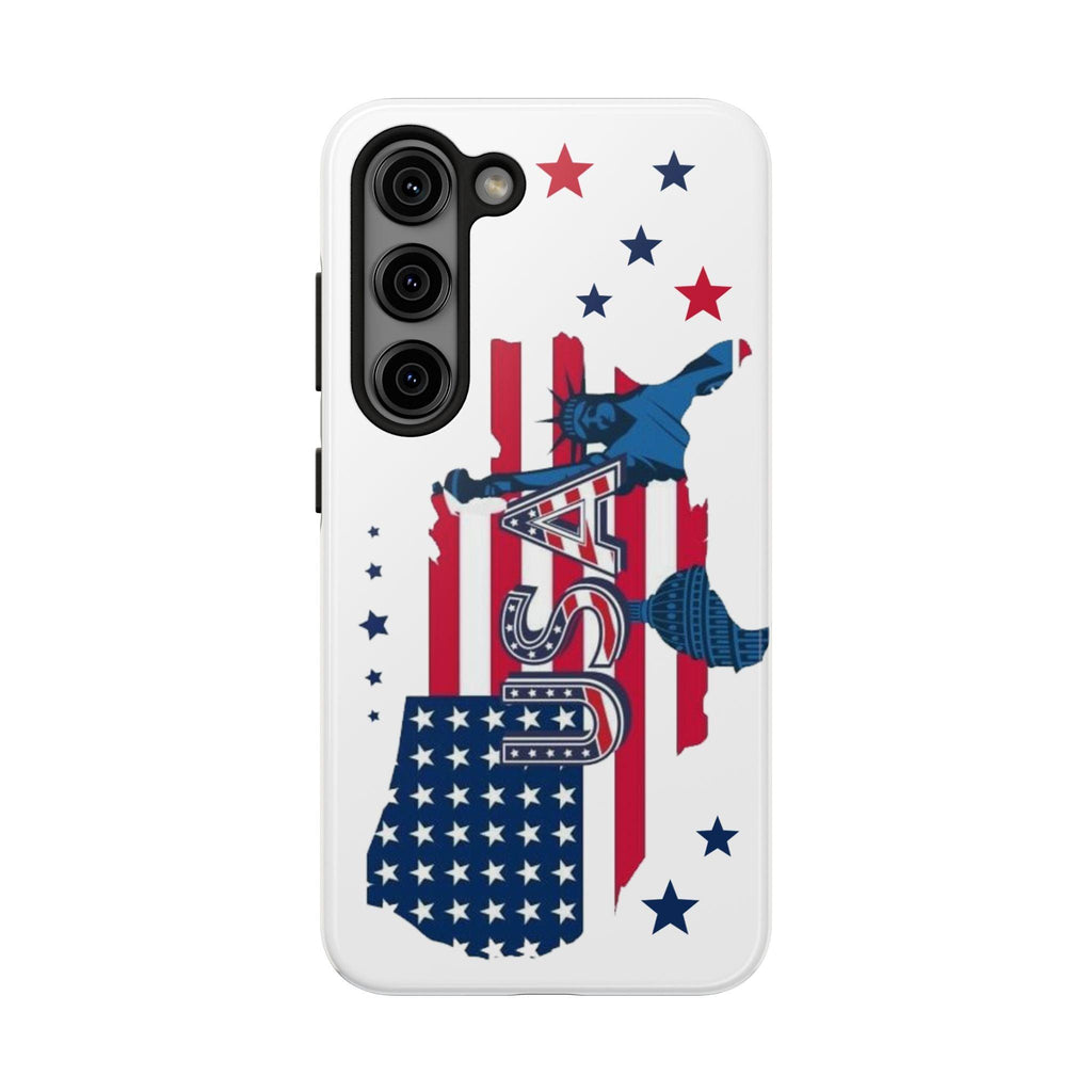 Patriotic USA Tough Phone Case — American Flag Soldier Silhouette.