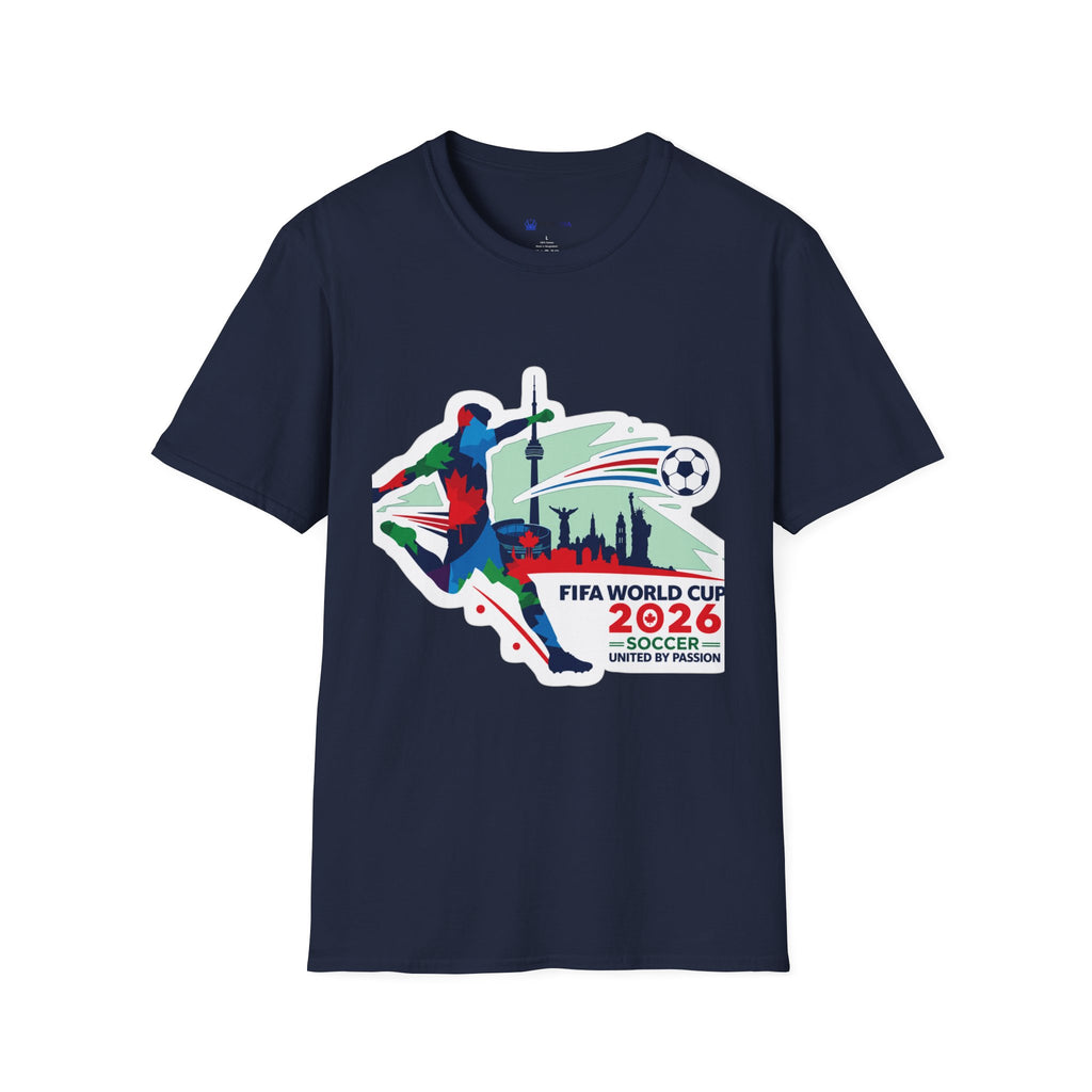 Soccer Cup 2026 T-Shirt — Colorful Player Silhouette with Stadium Skyline
