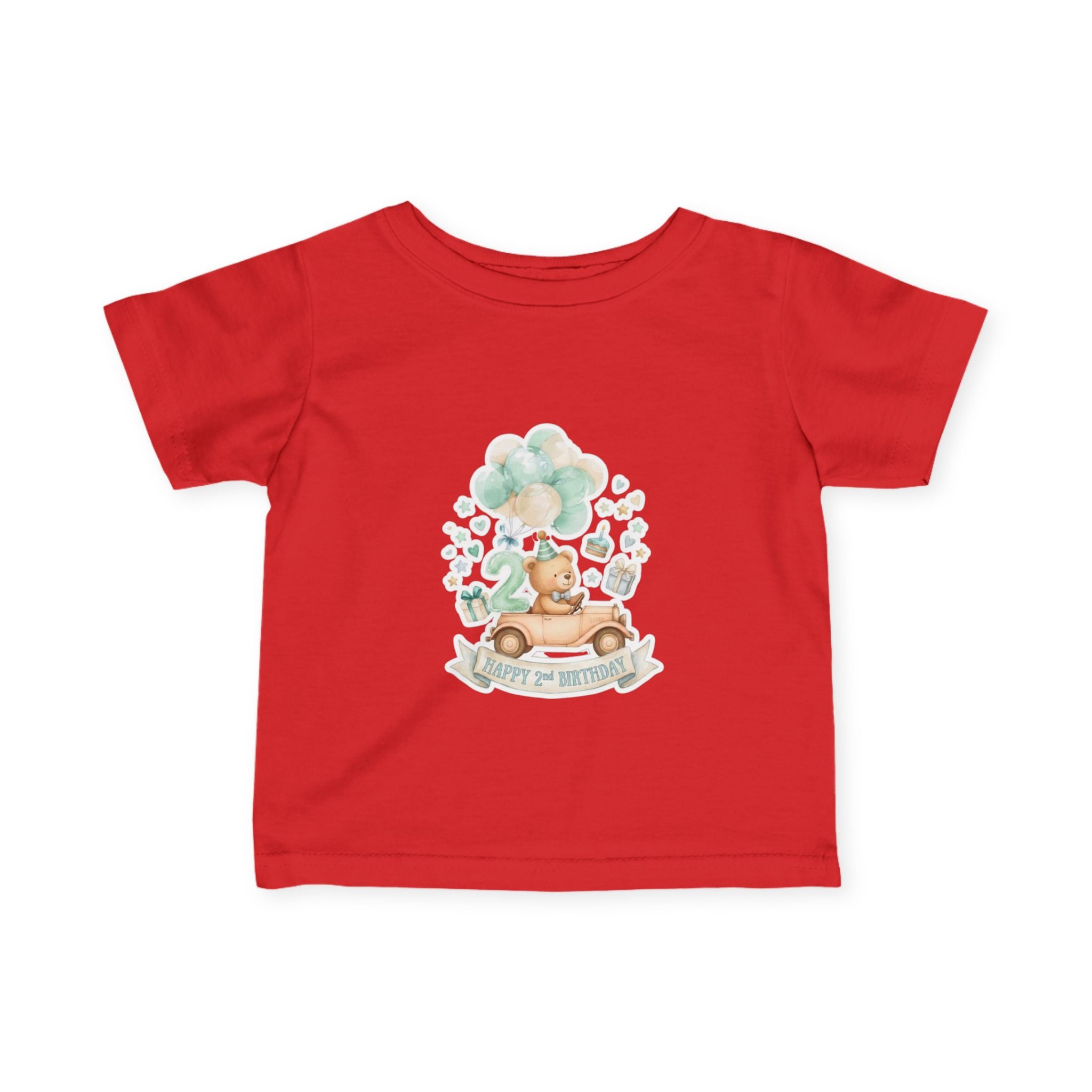 Baby 2nd Birthday Tee - Cute Bear in Car with Balloons Infant Shirt