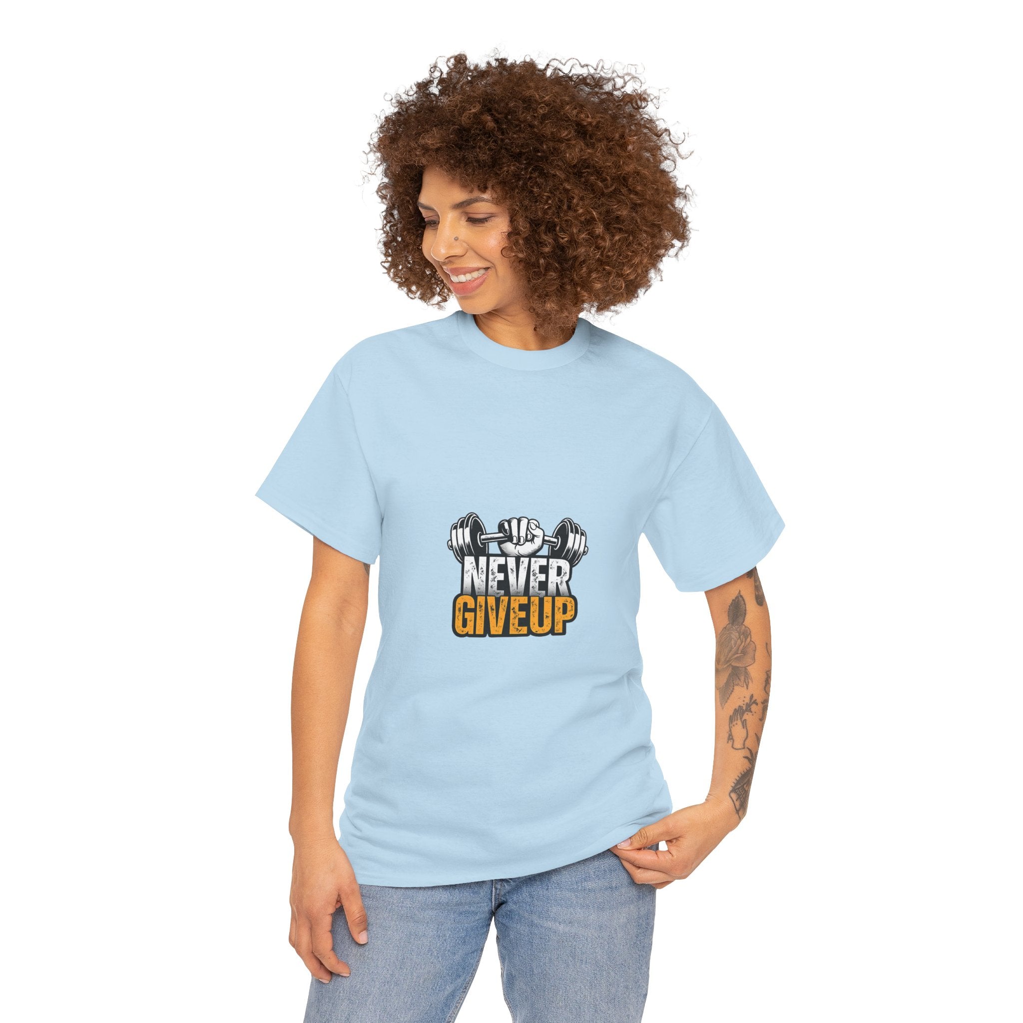 Never Give Up Fitness T-Shirt — Motivational Gym Tee with Dumbbell Graphic