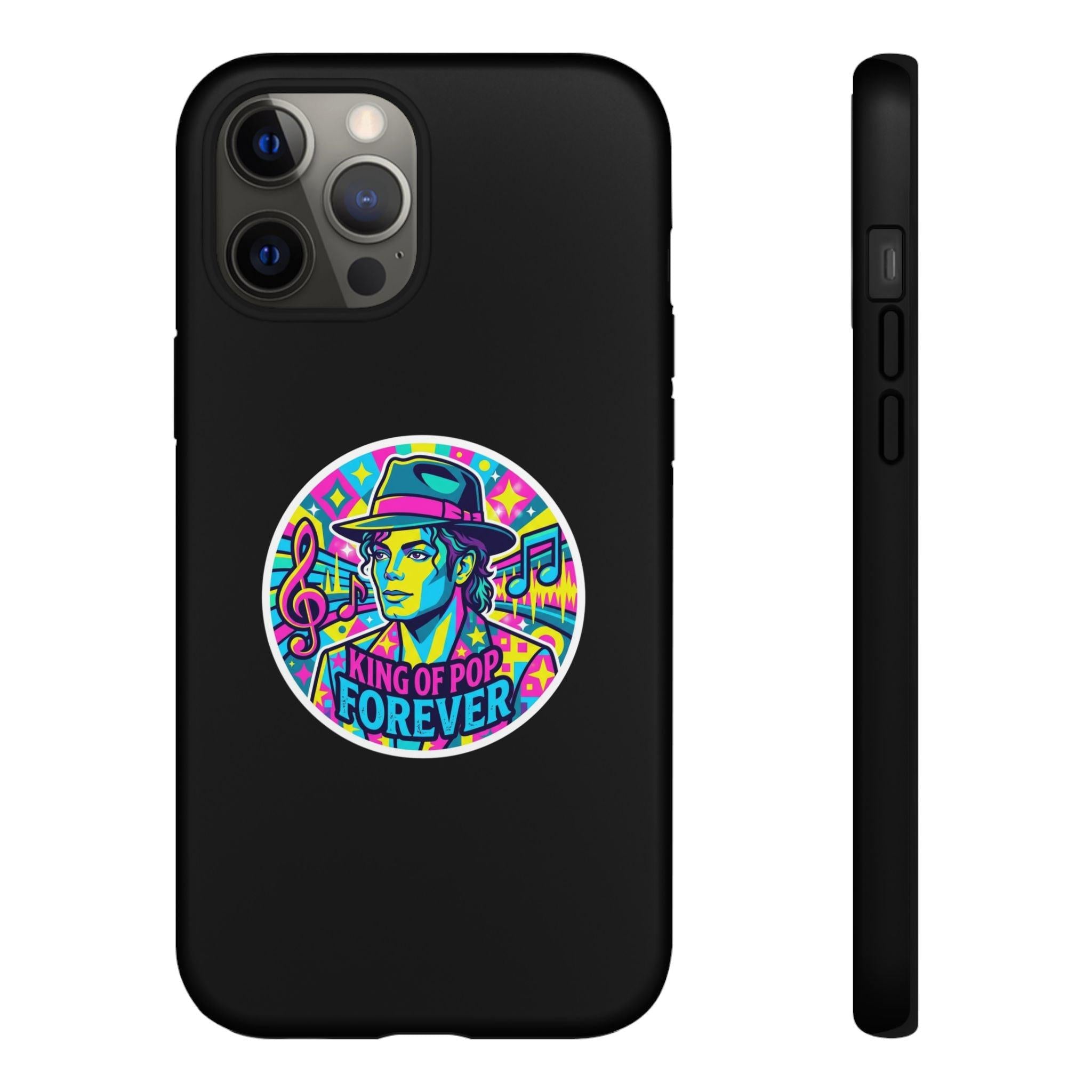 Matte Black iPhone Tough Cases 12 to 17 Pro Max  — "King of Pop Forever" Retro Pop Art Phone Case.