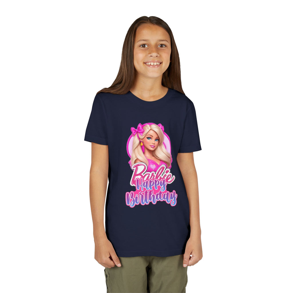 Youth Tee — "Barbie Happy Birthday" Pink Birthday Graphic Shirt
