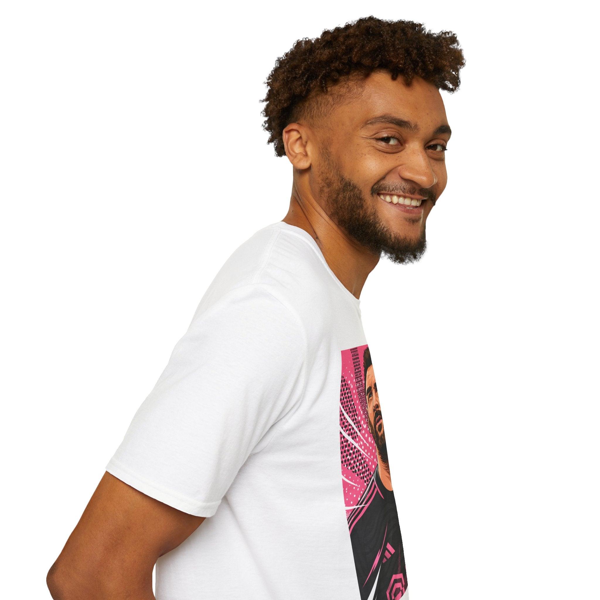 Soccer Star Graphic T‑Shirt — Retro Pink Icon Portrait.