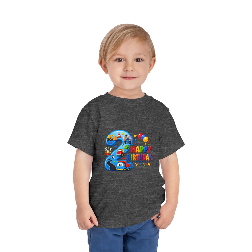 2nd Birthday Toddler Tee — Happy Birthday Number 2 with Cars & Balloons