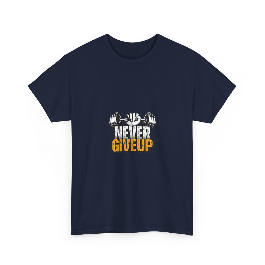 Never Give Up Fitness T-Shirt — Motivational Gym Tee with Dumbbell Graphic