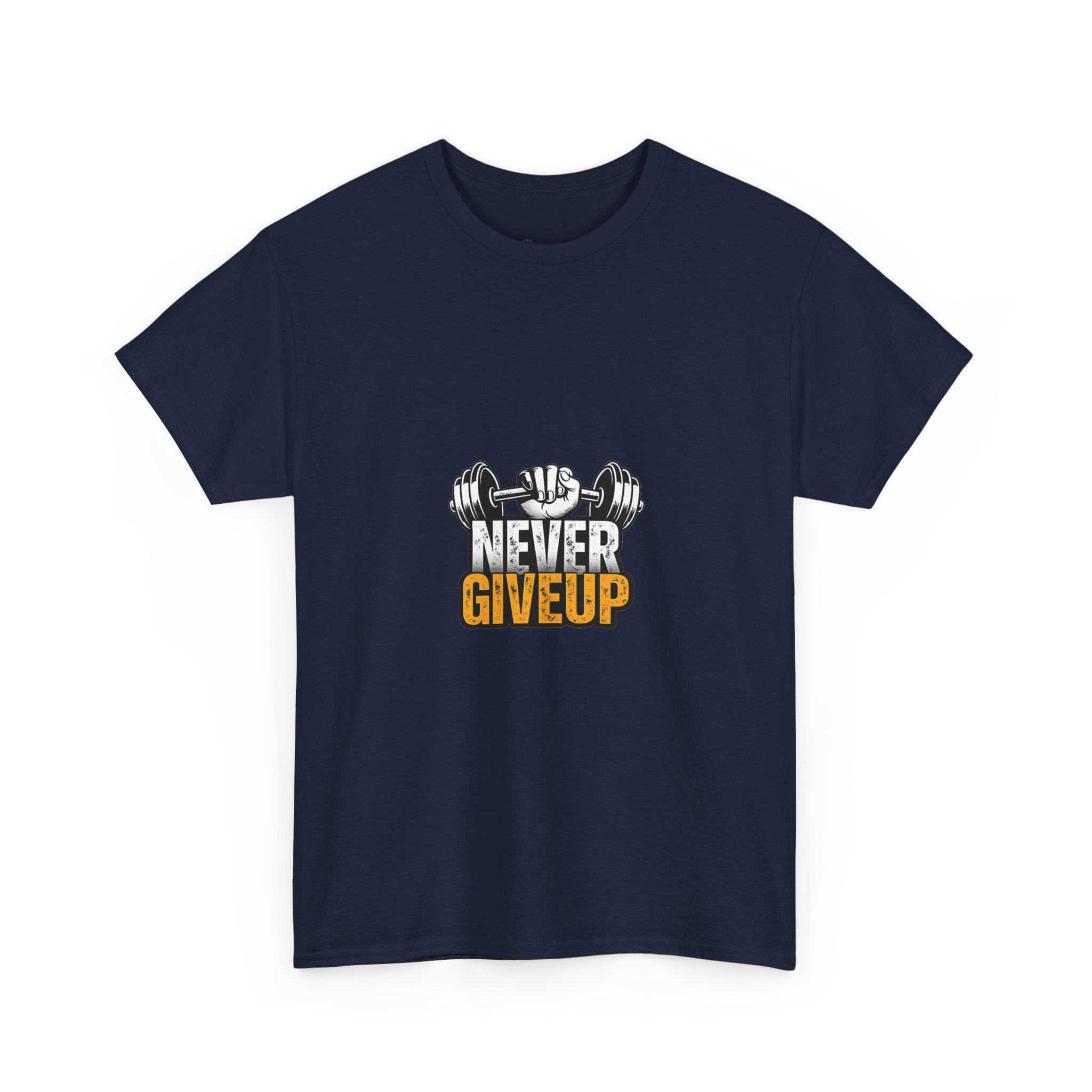 Never Give Up Fitness T-Shirt — Motivational Gym Tee with Dumbbell Graphic