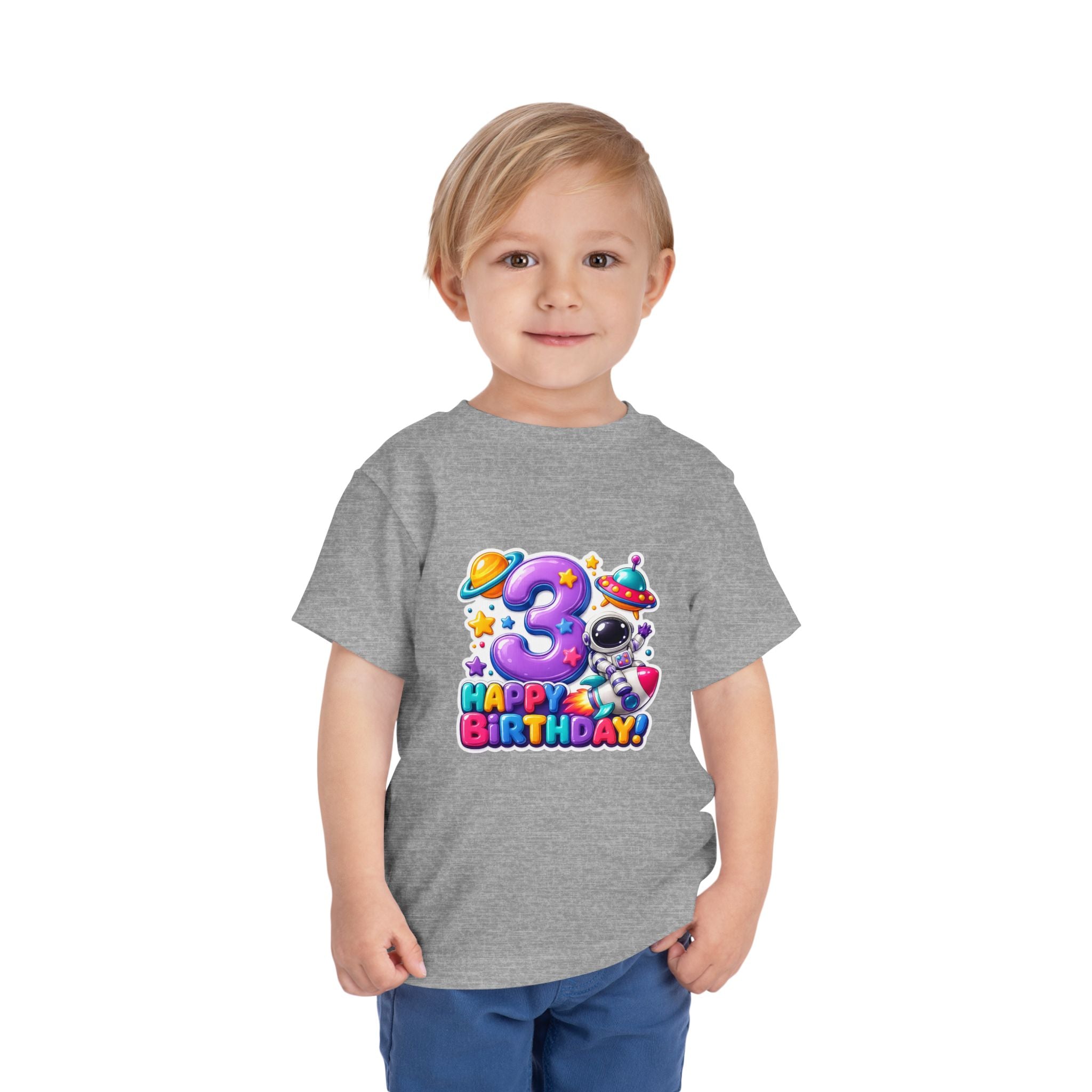 3rd Birthday Toddler Tee — Space Astronaut "Happy Birthday" Shirt