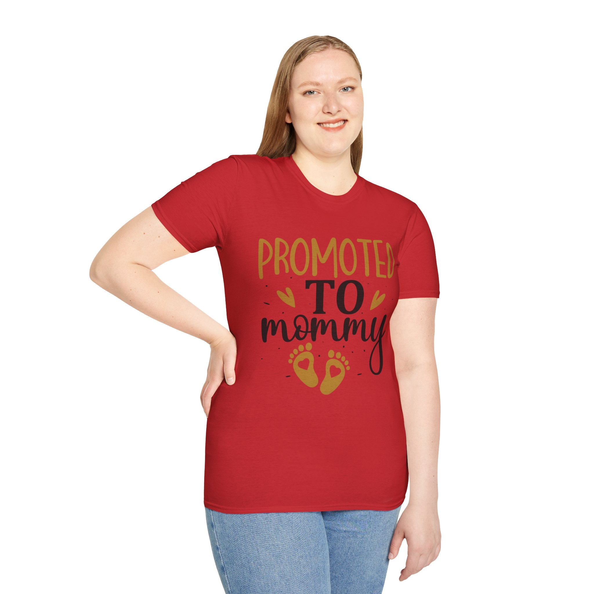 Promoted to Mommy T-Shirt — Pregnancy Announcement Tee with Gold Hearts & Baby Footprints
