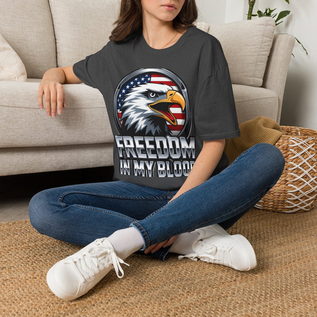 Patriotic Eagle T-Shirt — 'Freedom in My Blood' American Flag Tee design.