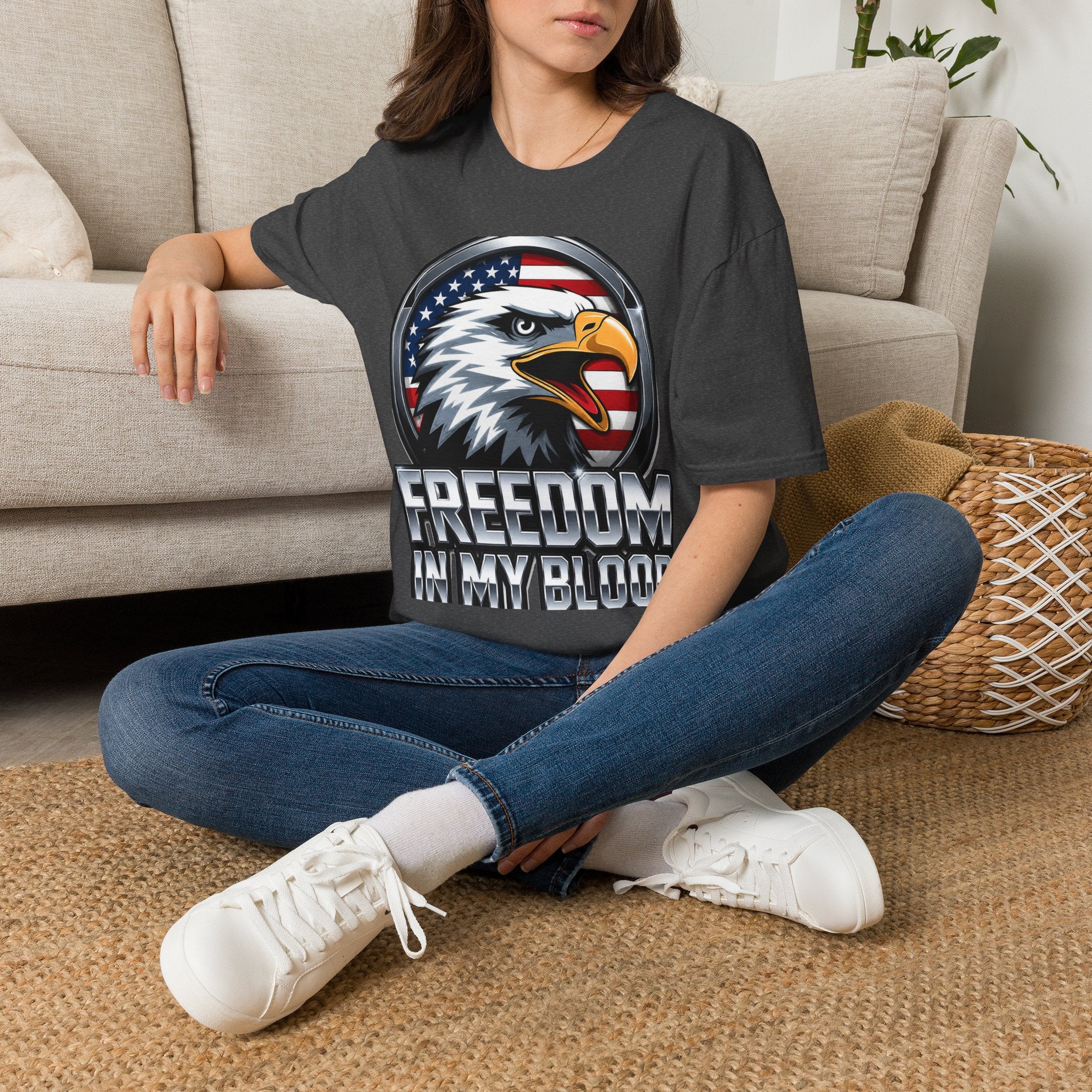 Patriotic Eagle T-Shirt — 'Freedom in My Blood' American Flag Tee design.