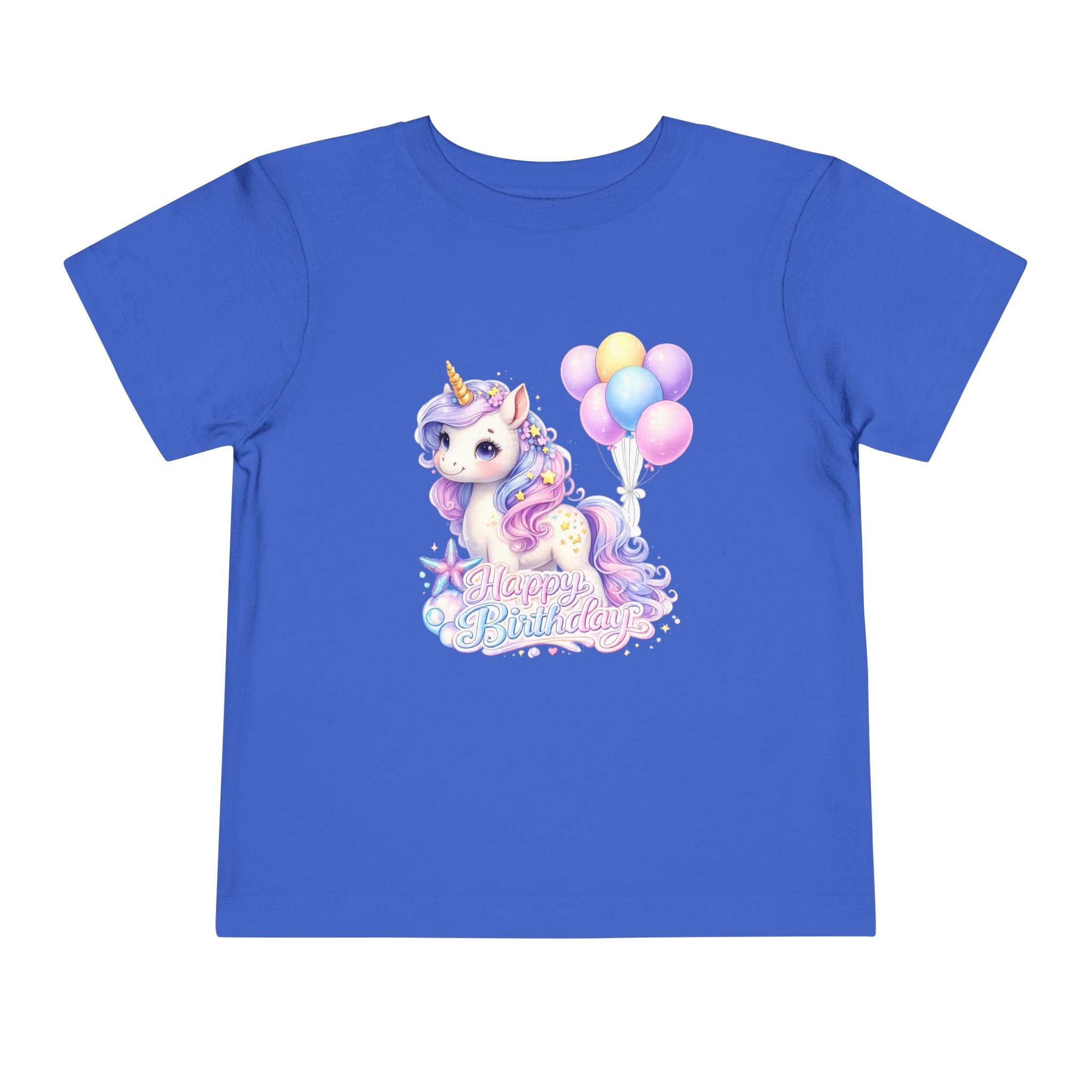 Toddler Tee — Pastel Unicorn "Happy Birthday" Shirt with Balloons