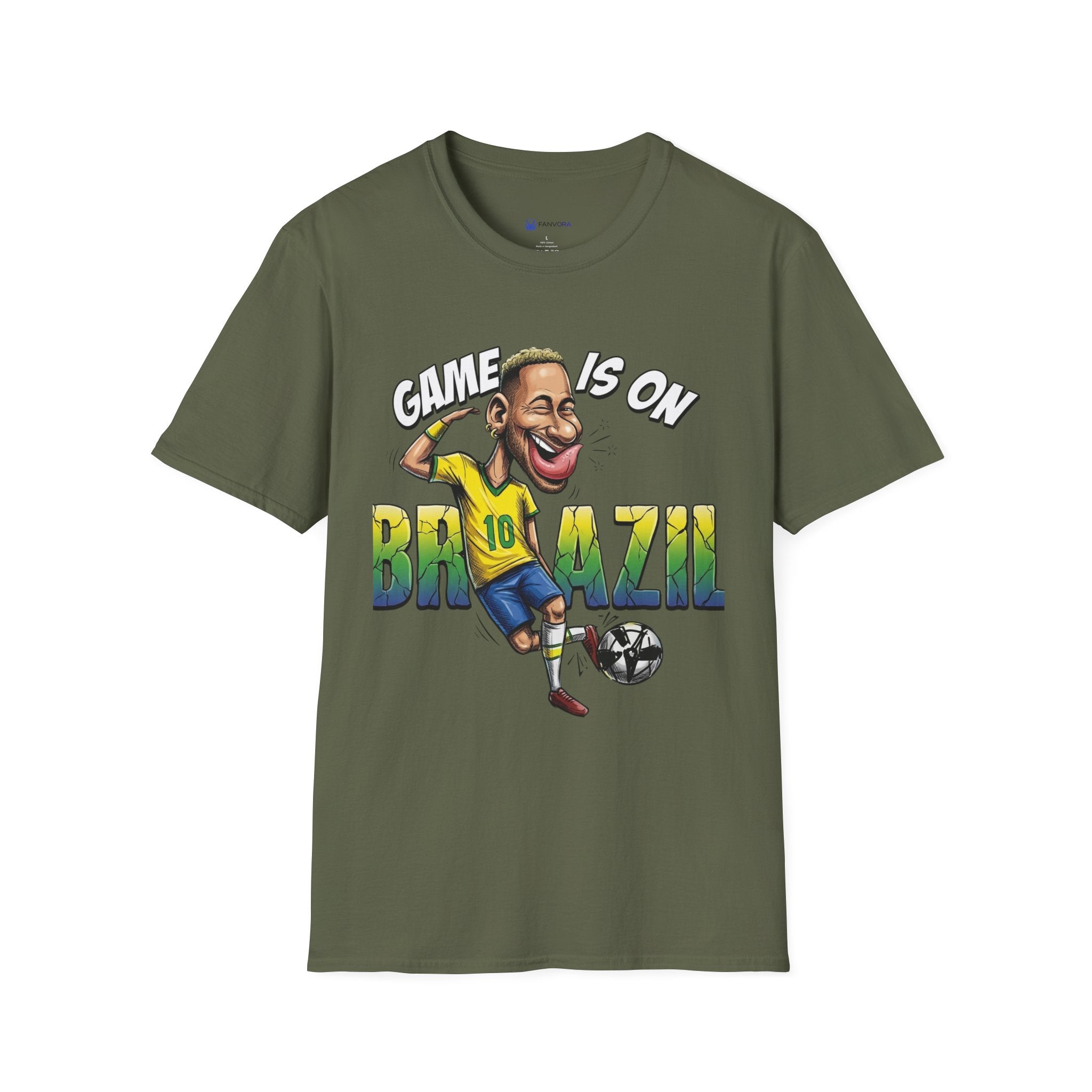 Brazilian Soccer comic style  figure T-Shirt — "Game Is On" Caricature Neymar Fan Tee